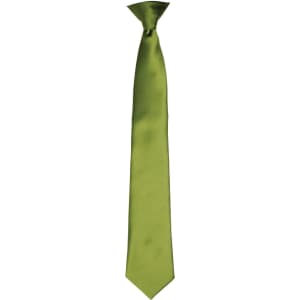 A green satin clip tie displayed against a white background, featuring a smooth, glossy finish and a classic design.