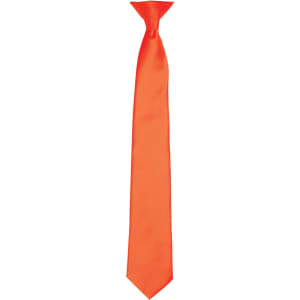 An orange satin clip tie with a slim design and a smooth finish. It features a logo near the tip.