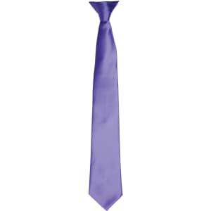 A satin clip tie in a vibrant purple colour, featuring a smooth, shiny finish and a slim design.