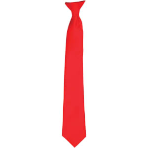 A vibrant red satin clip tie with a sleek design and a logo. Ideal for formal or festive occasions.