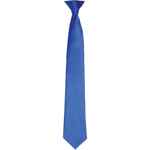 A blue satin clip tie with a sleek design and a logo on the back.