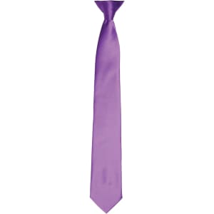 A purple satin clip tie with a smooth finish and a narrow design. It features a logo.