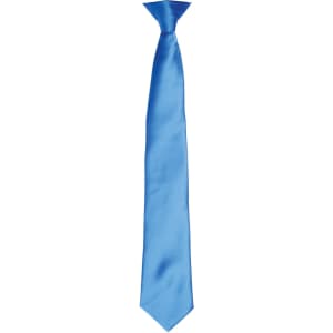 A blue satin clip tie with a smooth finish and a pointed end. It features a logo on the attachment.
