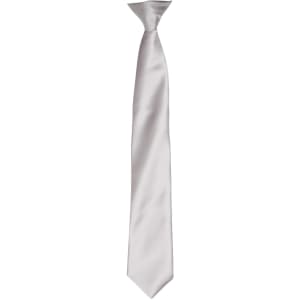 A satin tie in a light silver colour, featuring a sleek, smooth finish and a branding logo.