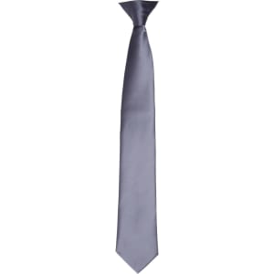 A satin clip tie in a sleek grey colour, featuring a smooth finish and solid design. It has a logo.
