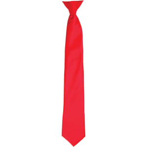 A red satin clip tie, featuring a smooth finish and a slim design, with a logo at the top.