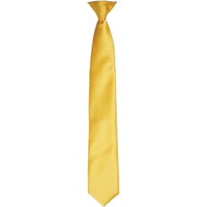 A yellow satin clip tie, featuring a smooth finish and a sleek design, hanging vertically. It includes a logo.