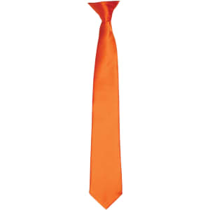 An orange satin clip tie with a smooth finish and a classic shape, featuring a branding logo.