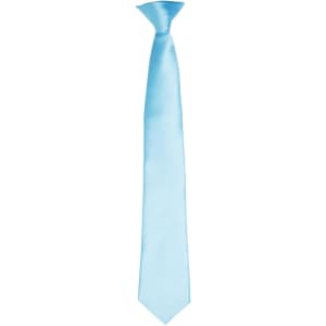 A light blue satin clip tie, featuring a smooth finish and a classic design. Includes a logo on the tie.