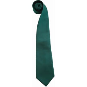 A rolled dark green tie with a smooth finish, featuring a simple design and a pointed tip.