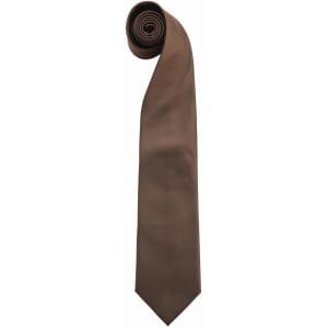 A rolled brown silk tie with a pointed tip, featuring a branding logo.