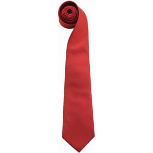 A red tie rolled neatly, featuring a solid colour design and a branding logo.