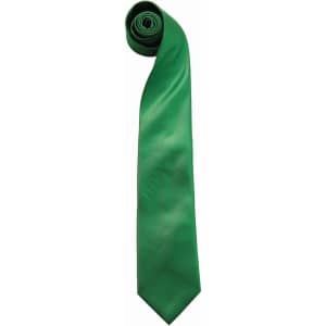 A green fashion tie rolled up, featuring a sleek and shiny fabric finish. It includes a logo.