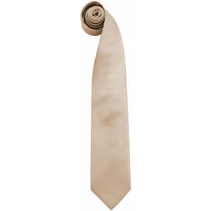 A rolled beige tie with a smooth finish, featuring a logo at the base.