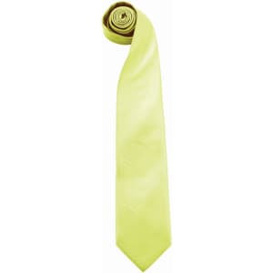 A rolled light yellow tie with a smooth finish, featuring a logo. Ideal for formal occasions.