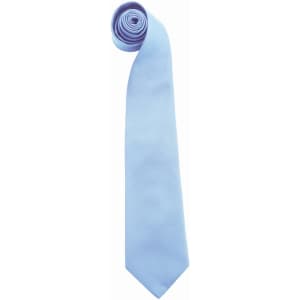 A light blue tie, neatly rolled, with a pointed tip and a subtle sheen, featuring a logo.