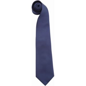 A dark navy tie in a rolled position, featuring a smooth finish and a tapered end. The tie includes a logo.