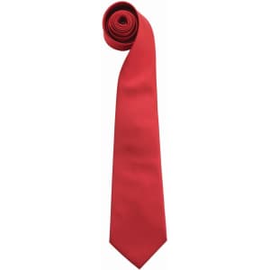 A red tie rolled neatly, featuring a simple design and a logo on the fabric.