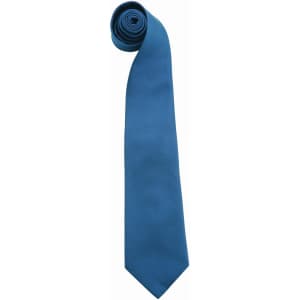 A blue tie neatly rolled, featuring a smooth texture and a pointed tip, accompanied by a logo.