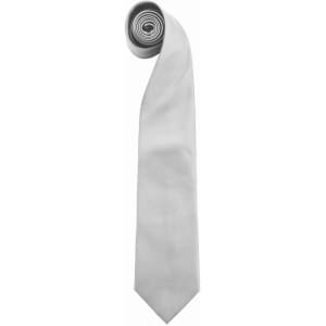 A light grey tie, rolled neatly for display, featuring a simple design and a logo.