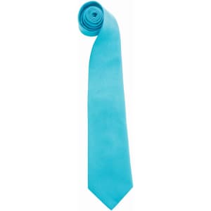 A rolled turquoise tie with a smooth finish; it features a branding logo.