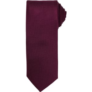 A burgundy micro waffle tie with a textured pattern and a logo.