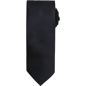 A black micro waffle tie displayed against a white background, featuring a textured pattern and a branding logo.