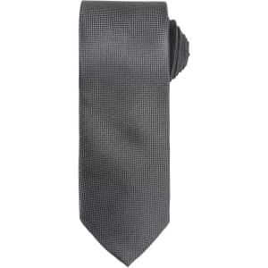 A grey micro waffle necktie, featuring a textured pattern and rolled design at the top.