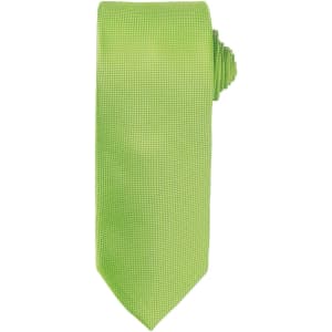 A green micro waffle tie with a textured pattern, featuring a branding logo.