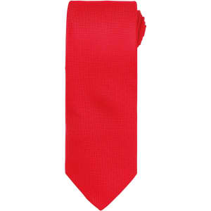 A bright red micro waffle tie featuring a textured pattern and a branding logo.