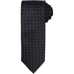 A black tie with a micro dot pattern, neatly rolled, featuring a logo.