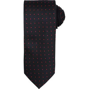 A black tie featuring a micro dot pattern in red, neatly rolled at the top. It has a logo on its surface.