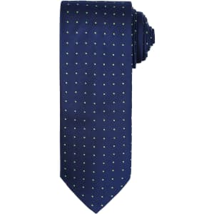 A navy tie featuring a micro dot pattern in contrasting colours, neatly rolled for display.
