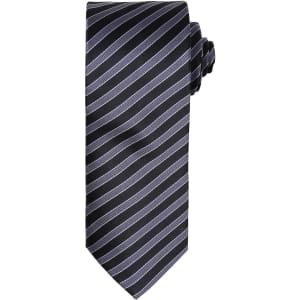 A dark blue tie featuring alternating light blue and silver stripes, finished with a neatly rolled knot.
