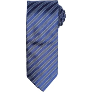 A blue tie featuring alternating dark and light stripes, with a classic design. It has a rolled end and a logo.