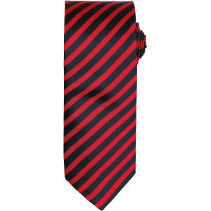 A double stripe tie featuring alternating red and black stripes with a floral accessory.