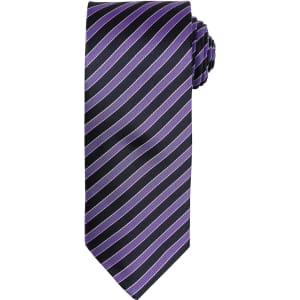 A double stripe tie featuring a black background with purple stripes, and a coordinating knot detail.