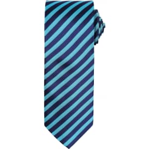 A double stripe tie featuring navy blue and turquoise stripes, with a smooth finish and a rolled tie end.