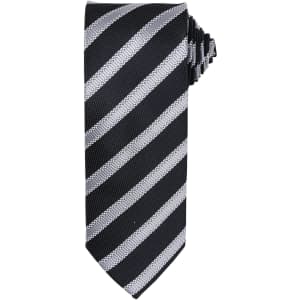 A black and silver striped tie with a textured fabric, featuring diagonal waffle stripes and a logo.