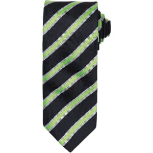 A striped tie featuring black and green colours, adorned with a logo. Suitable as a formal clothing accessory.