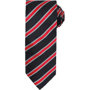 A Waffle Stripe Tie featuring black, red, and white diagonal stripes, with a textured fabric and a neatly tied end.