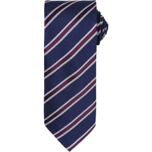 A Waffle Stripe Tie featuring navy blue with white and maroon diagonal stripes. Includes a branding logo.