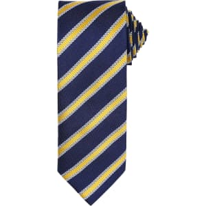 A navy tie featuring diagonal yellow and white stripes, with a textured fabric and a branded label.