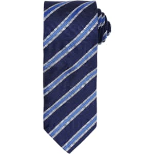A navy tie featuring a waffle stripe pattern in light blue and white, with a rolled design for storage.