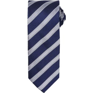 A navy tie with white waffle stripes, featuring a branding logo. Suitable for formal occasions.