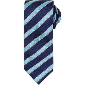A Waffle Stripe Tie featuring navy blue with light blue stripes, crafted from textured fabric. Includes a logo.