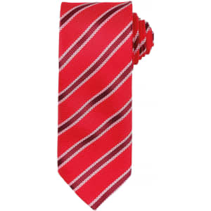 A red tie with white and dark red diagonal stripes, featuring a rolled-up design and a logo.