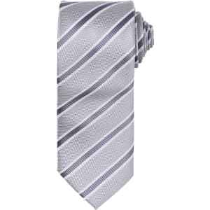 A silver tie with a waffle stripe pattern, featuring shades of grey and white, and a logo.