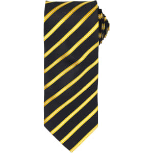 A black tie with bold yellow stripes, featuring a rolled design at the top and a logo.