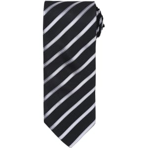 A black tie featuring diagonal white stripes. The tie has a branded logo at one end.